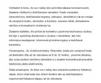 Aktuality / Oznam k opatrenia proti šíreniu koronavírusu v obci